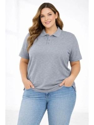 Aesco Pike Kumaş Düğmeli Yaka Battal Büyük Beden Günlük Kısa Kol Tişört T-Shirt - Gri