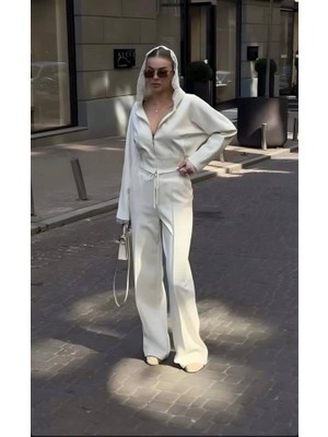 Gökyüzü Moda Kadın Dantel Işlemeli Kapüşon Detay Hırka ve Ispanyol Paça Pantolon Ikili Takım