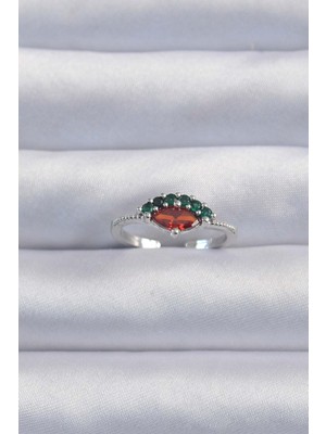 Bsre Pirinç Renkli Zirkon Taşlı Ayarlanabilir Karpuzlu Yüzük (Gümüş Renk)