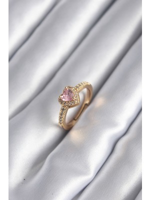 Bsre Pirinç Pembe Zirkon Taş Kalp Charm Model Kadın Yüzük (Gold Renk)