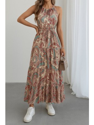 Mericline Kadın Halter Yakalı Omuzlardan Açık Kuşaklı Maksi Boy Desenli Süprem Elbise