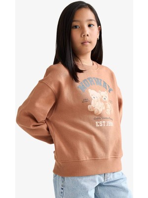 DeFacto Kız Çocuk Relax Fit Bisiklet Yaka Baskılı İçi Yumuşak Tüylü Sweatshirt F3858A825AU
