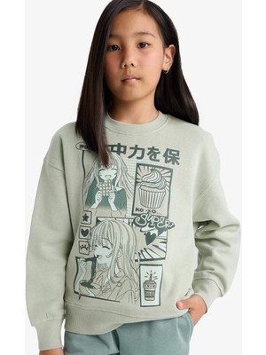 DeFacto Kız Çocuk Relax Fit Bisiklet Yaka Anime Baskılı İçi Yumuşak Tüylü Sweatshirt F3858A825AU