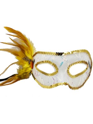 Go İthalat Altın Renk Yandan Tüylü Pul Payet Işlemeli Parti Maskesi 23X12 cm (5440)