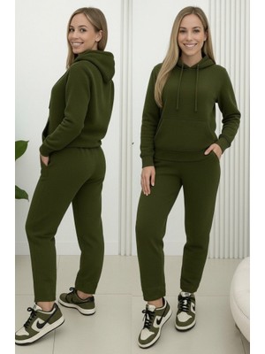 Mericline Kadın Uzun Kollu Kapşonlu Bağcıklı Üç Iplik Bluz ve Pantolon Ikili Takım