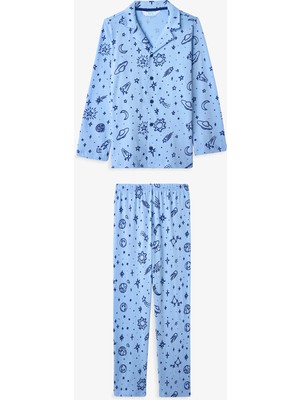 Penti Mavi Erkek Çocuk Cosmic Uzun Kollu Düğmeli Pamuklu Gömlek Pijama Takımı