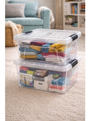 Loremp 20 Lt Şeffaf Kilitli Saklama Kutusu 2 Adet Depolama Düzenleyici