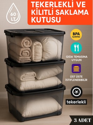 Loremp 60 Lt Tekerlekli Kilitli Saklama Kutusu 3’lü Set Kapaklı Şeffaf Bpa Içermez Üst Üste Istiflenebilir