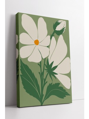 KOSS Dijital Yeşil Zemin Üzerinde Beyaz Çiçekli Minimalist Boho Tarz Doğal Renkli Dekoratif Kanvas Tablo