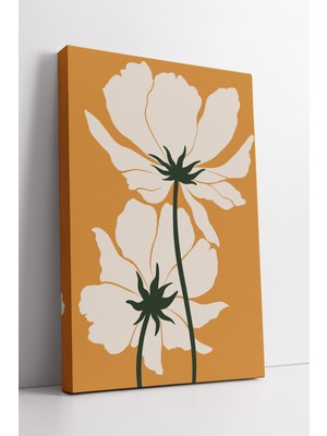 KOSS Dijital Turuncu Zemin Üzerinde Beyaz Çiçek Desenli Minimalist Modern Boho Doğa Temalı Dekoratif Kanvas Tablo