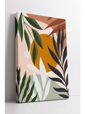 KOSS Dijital Boho Güneş ve Yaprak Desenli Kanvas Tablo – Turuncu, Yeşil ve Siyah Renkli Modern Duvar Sanatı