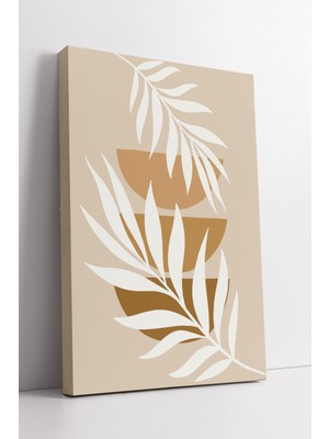 KOSS Dijital Bej Tonlarda Yaprak ve Geometrik Şekilli Kanvas Tablo – Minimal Doğa Temalı Boho Tarz Duvar Dekoru