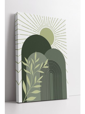 KOSS Dijital Yeşil Güneş ve Yaprak Desenli Boho Minimal Tarzda Doğal Modern Dekoratif Kanvas Tablo