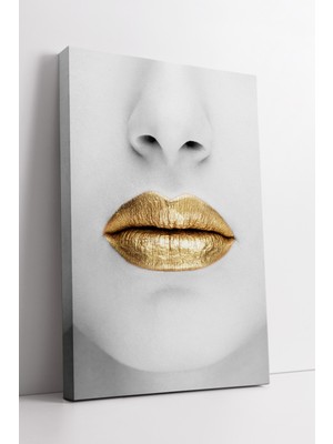 KOSS Dijital Altın Dudak Detaylı Kanvas Tablo Minimal Lüks Sanat Modern Kadın Portre Duvar Dekoru