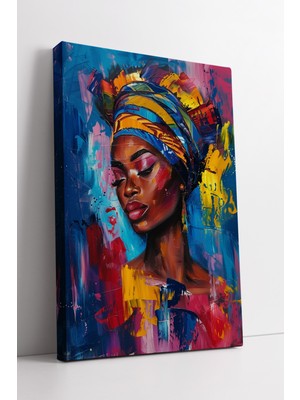 KOSS Dijital Renkli Fırça Dokulu Afrika Kadın Portresi Mavi Sarı Kırmızı Soyut Sanatsal Kanvas Tablo