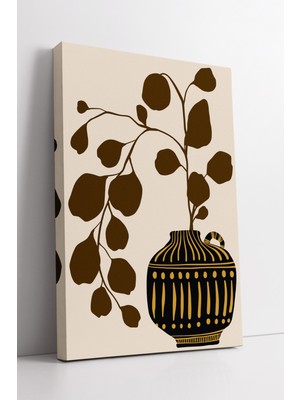 KOSS Dijital Siyah ve Altın Renkli Etnik Desenli Vazo ile Yaprak Motifli Boho Tarz Modern Dekoratif Kanvas Tablo