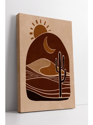 KOSS Dijital Çöl Manzaralı Güneş ve Ay Soyut Boho Kanvas Tablo – Bej Kahve Modern Minimal Duvar Dekoru
