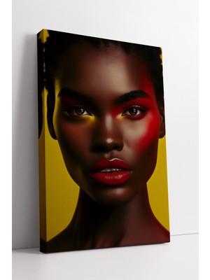 KOSS Dijital Sarı Arka Planlı Kırmızı Makyajlı Afrikalı Kadın Portresi Modern Kanvas Tablo Ev Duvar Dekoru