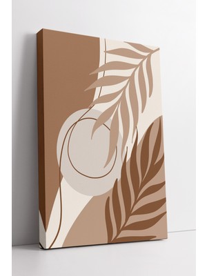 KOSS Dijital Bej ve Kahve Tonlarında Yaprak Desenli Soyut Kanvas Tablo – Minimal Doğa Temalı Boho Duvar Dekoru