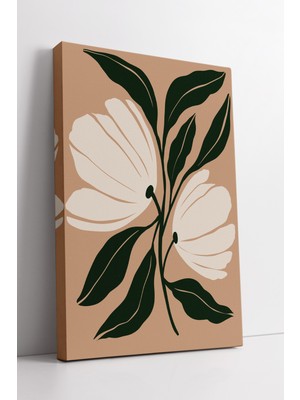 KOSS Dijital Bej Zemin Üzerinde Beyaz Çiçekli Yeşil Yapraklı Doğal Minimal Boho Tarz Modern Estetik Kanvas Tablo