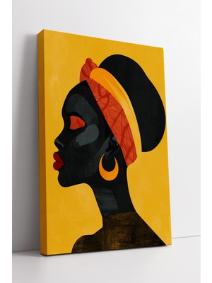 KOSS Dijital Afrika Kadın Profili Sarı Arka Planlı Modern Minimalist Etnik Tarz Siyah Siluet Kanvas Tablo