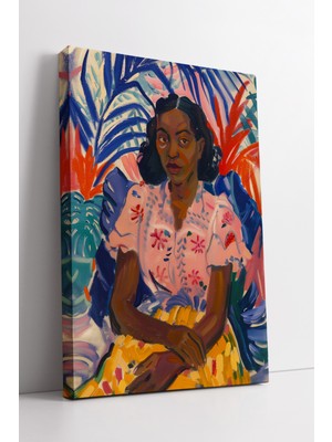 KOSS Dijital Tropikal Bitkiler Önünde Oturan Kadın Portresi Canlı Renkli Modern Sanat Kanvas Tablo