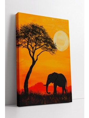 KOSS Dijital Afrika Manzarası Fil Silueti Gün Batımı Temalı Sıcak Renkli Doğa Konseptli Kanvas Tablo
