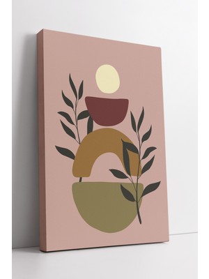 KOSS Dijital Soyut Geometrik ve Bitki Desenli Kanvas Tablo – Boho Stil Pembe ve Toprak Tonlarında Duvar Dekoru