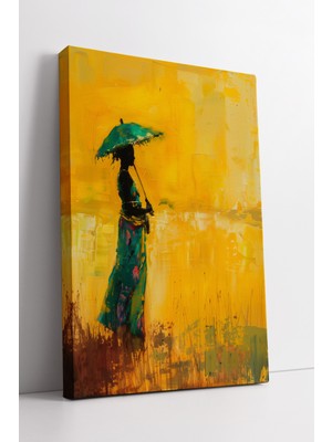 KOSS Dijital Afrika Kadın Figürü Şemsiye Temalı Sarı Arka Planlı Renkli Elbiseli Modern Kanvas Tablo