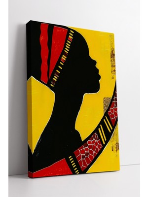 KOSS Dijital Afrika Kadın Profili Sarı Zeminli Kırmızı Desenli Etnik Sanat Temalı Modern Kanvas Tablo