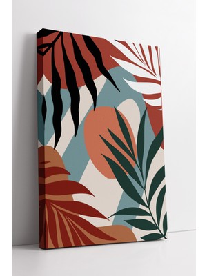 KOSS Dijital Soyut Tropikal Yaprak Desenli Kanvas Tablo – Kırmızı, Yeşil ve Mavi Tonlarında Boho Duvar Dekoru