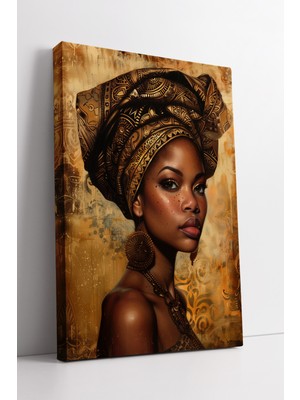 KOSS Dijital Altın Tonlarında Zarif Afrika Kadın Portresi Klasik Etnik Dokulu Modern Kanvas Tablo Dekoru