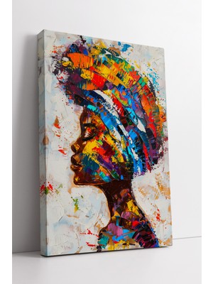 KOSS Dijital Renkli Desenli Afrikalı Kadın Silüeti Beyaz Arka Plan Üzerinde Modern Soyut Tarz Kanvas Tablo