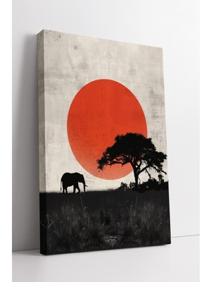 KOSS Dijital Afrika Manzara Fil Silüeti Gün Batımı Temalı Minimalist Doğa Tarzı Dekoratif Kanvas Tablo