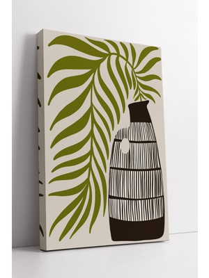 KOSS Dijital Yeşil Yapraklı Kahverengi Vazo Desenli Minimalist Boho Tarz Doğal Tonlarda Dekoratif Kanvas Tablo