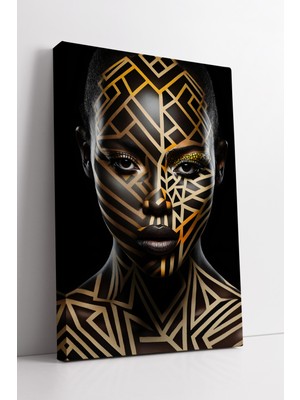 KOSS Dijital Altın Desenli Geometrik Desenlerle Süslenmiş Afrikalı Kadın Portresi Kanvas Tablo Duvar Dekoru