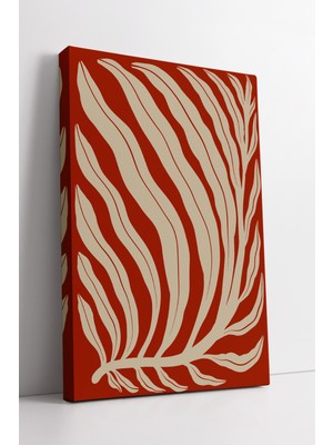 KOSS Dijital Kırmızı Zemin Üzerine Krem Yaprak Desenli Modern Soyut Minimalist Kanvas Tablo Dekoru