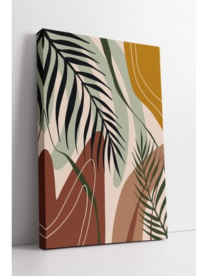 KOSS Dijital Soyut Tropikal Yaprak Desenli Boho Kanvas Tablo – Hardal ve Yeşil Tonlarında Modern Dekor