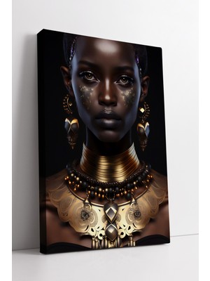 KOSS Dijital Altın Takılı Afrikalı Kadın Portresi Lüks Etnik Sanat Modern Dekoratif Kanvas Tablo