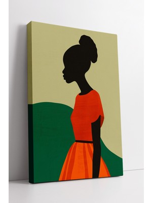 KOSS Dijital Turuncu Elbiseli Afrikalı Kadın Silüeti Yeşil Arka Plan Üzerinde Modern Minimalist Kanvas Tablo