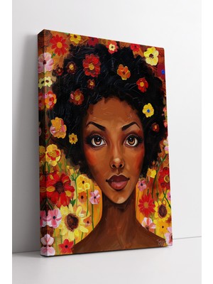 KOSS Dijital Renkli Çiçeklerle Çevrili Zarif Kadın Portresi Modern Sanatsal Tarz Dekoratif Kanvas Tablo