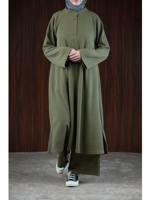 Ande Tesettür Pat Detaylı Triko Takım - Haki Yeşil