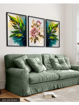 Evine Moda Pembe Gül ve Yapraklar 3 Parça Siyah Ahşap Çerçeveli Tablo Act