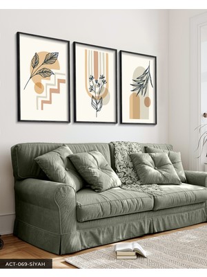 Evine Moda Soyut Çiçek 3 Parça Siyah Ahşap Çerçeveli Tablo
