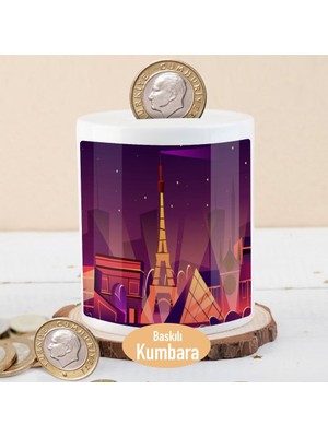 Asilmeydan Mor Gecede Eyfel Kulesi Manzara Baskılı Para Birikim Kumbarası-2