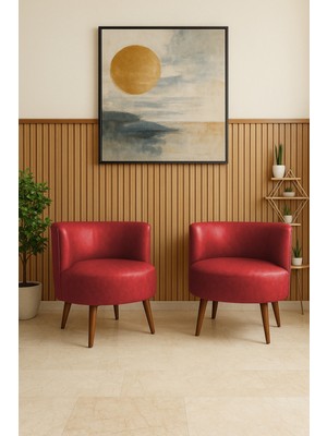 Azra Mobilya Sydney 2 Adet Modern Berjer Tekli Koltuk | Deri Kumaş | Ahşap Ayak | Ofis ve Ev Kullanımı Kırmızı