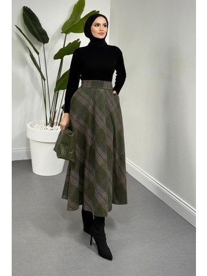 Merven Akyüz Nerelle Ekose Desen Etek Haki