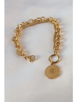 Pileli Store Pilelistore 316L Çelik Gold Renk 2'li Zincir Model Çeyrek Altınlı Kadın Bileklik - TJ-BB5452