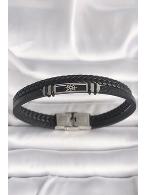 Pileli Store Pilelistore 316L Çelik Gümüş Renk Gemi Dümeni Figür Siyah Burgu Deri Kordon Model Erkek Bileklik - TJ-EB3701