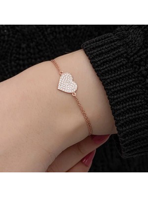 Pileli Store Pilelistore 925 Ayar Gümüş Rose Kalp Kadın Bileklik